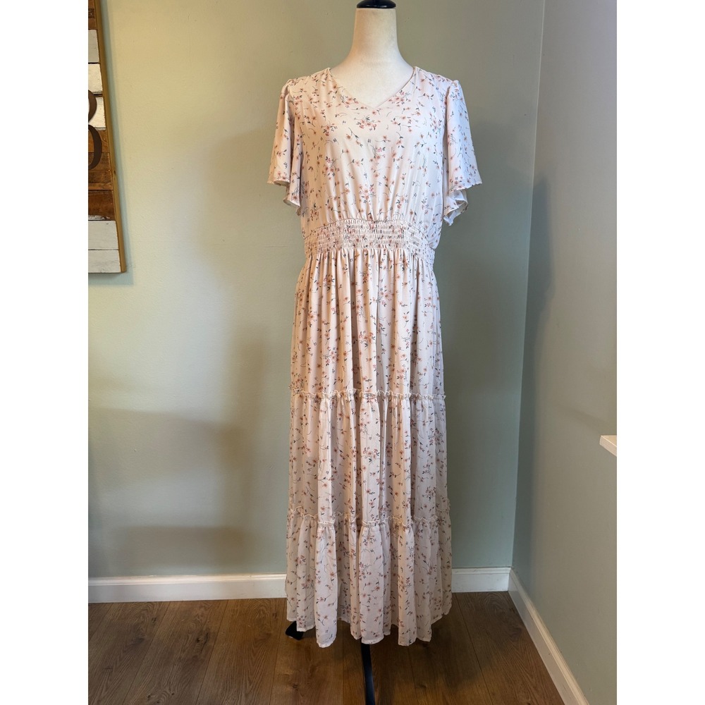 Mikarose Floral Maxi Dress XL Cream Pink Smocked Tiered Modest boho cottage fest